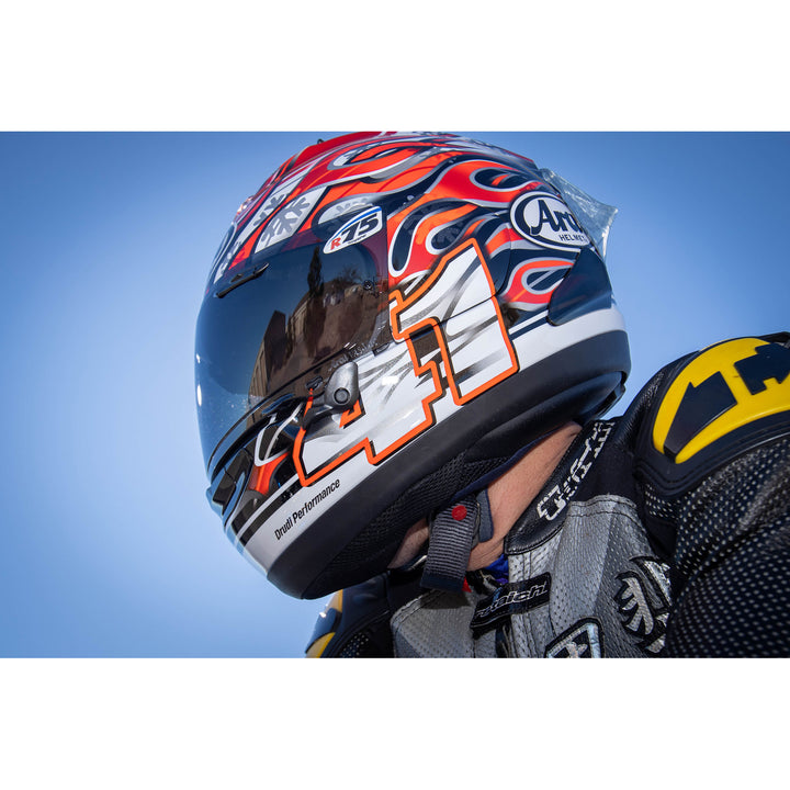 Arai Corsair-X Haga GP Helmet - lifestyle shot from below of rider wearing helmet