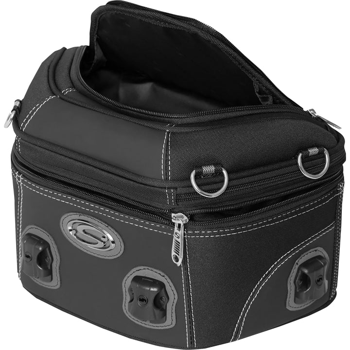 SADDLEMEN Rear Rack Luggage Bag - Front Side View with Top Pocket and Mid Section Open
