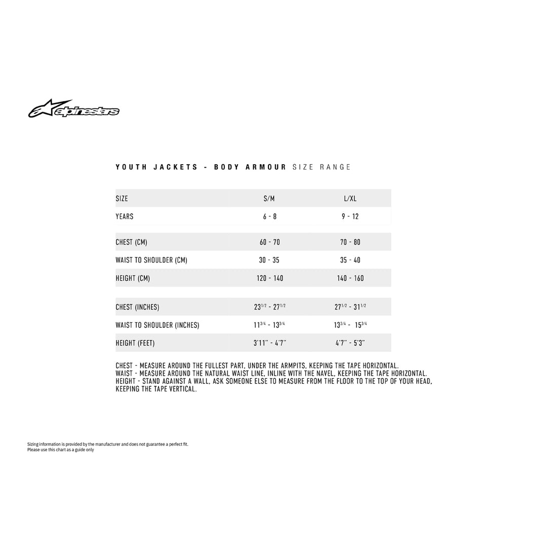Alpinestars Youth Bionic Plus Jacket - Size Chart