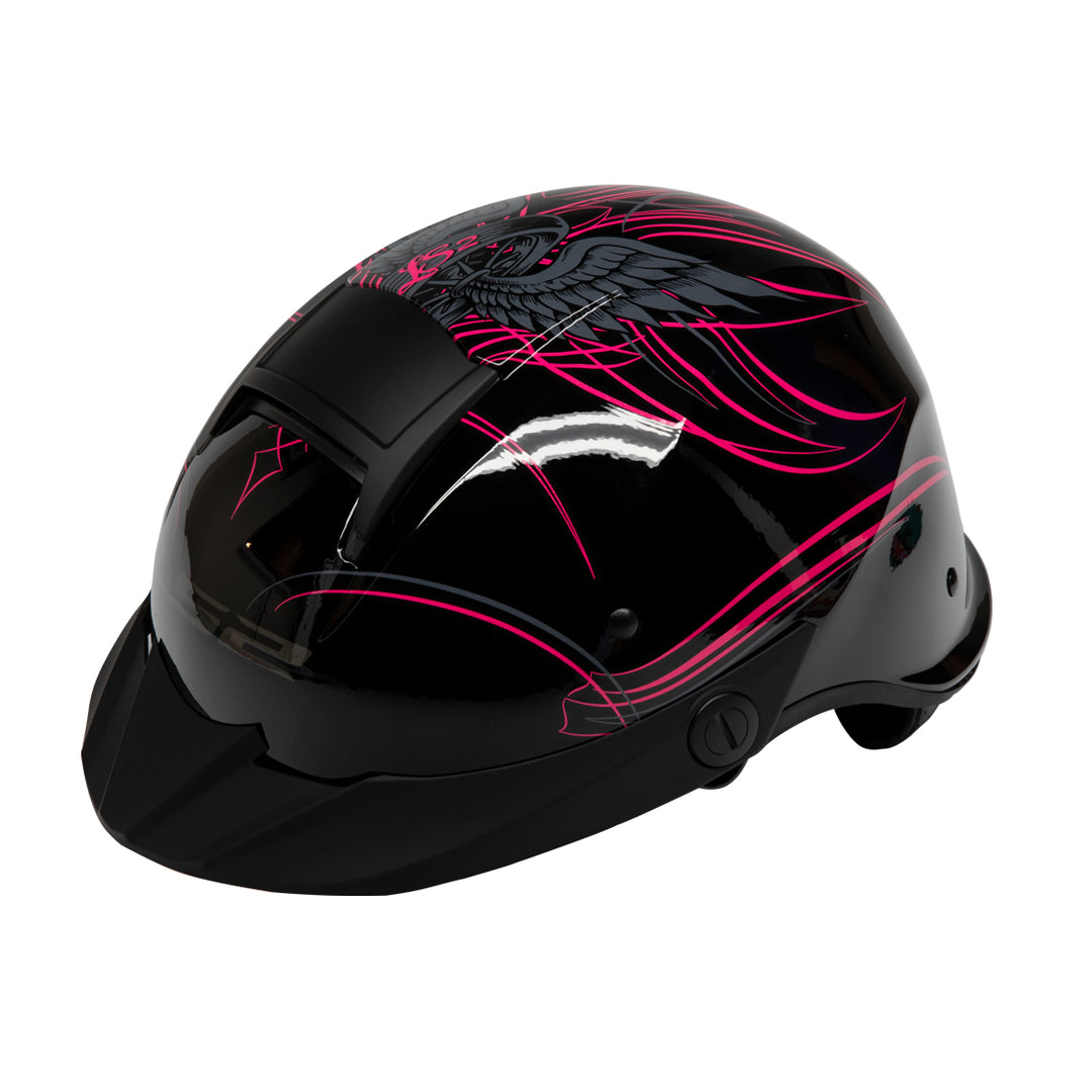 LS2 Helmets Rebellion Wheels & Wings Motorcycle Half Helmet Gloss Black - Top Left Side View
