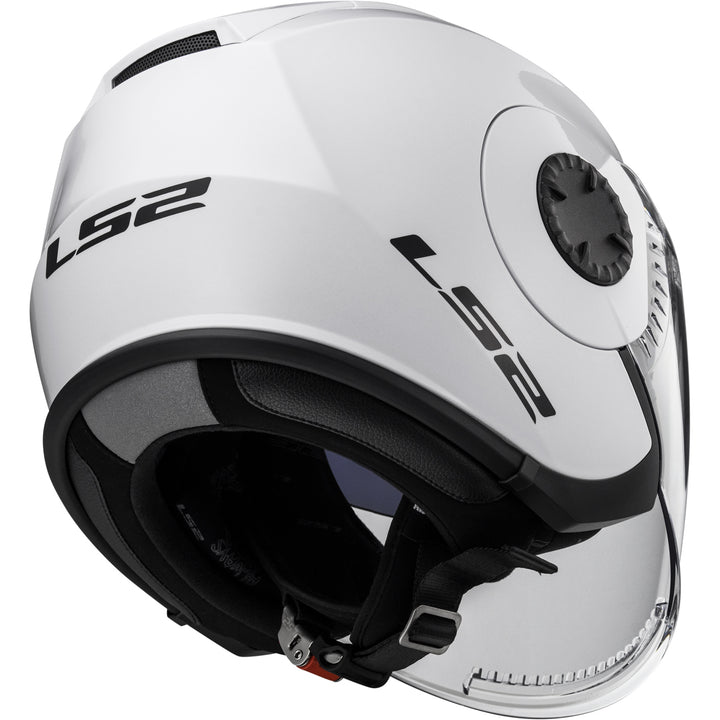 LS2 Helmets Verso Solid Motorcycle Open Face & 3/4 Helmet Gloss White - Angled Rear Right Side View
