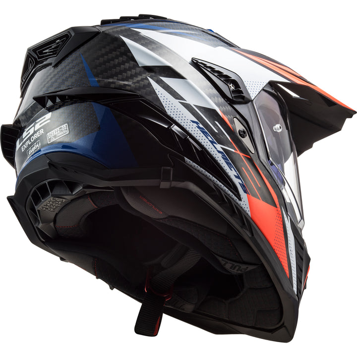 LS2 Helmets Explorer C Focus Motorcycle Dual Sport Helmet Blue/White/Red - Angled Rear Right Side View