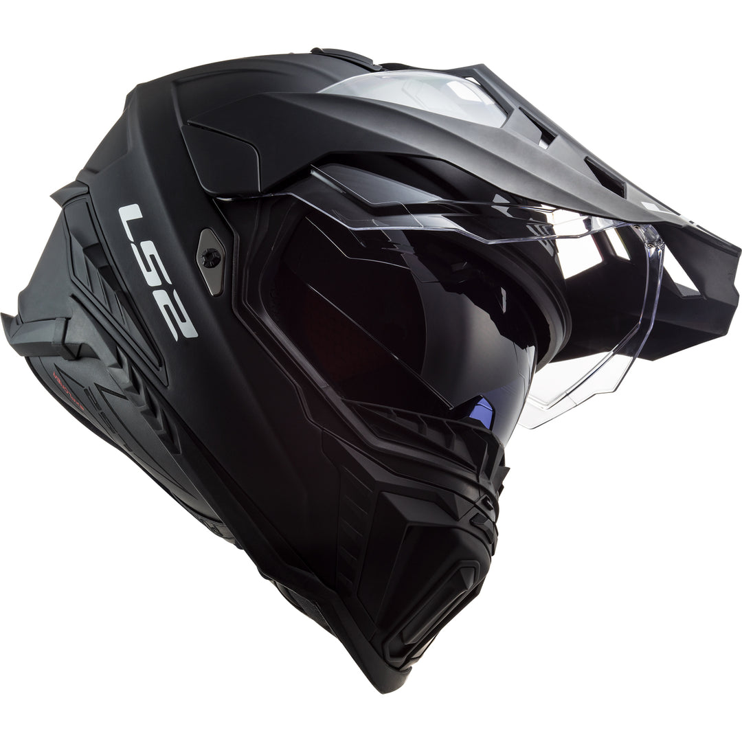 LS2 Helmets Explorer XT Solid Motorcycle Dual Sport Helmet Matte Black - Front Right Side View with Faceshield Raised