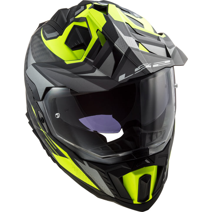 LS2 Helmets Explorer C Focus Motorcycle Dual Sport Helmet Matte Titanium/Hi-Viz Yellow - Front Right Side View