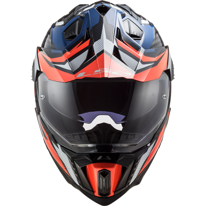 LS2 Helmets Explorer C Focus Motorcycle Dual Sport Helmet Blue/White/Red - Front View