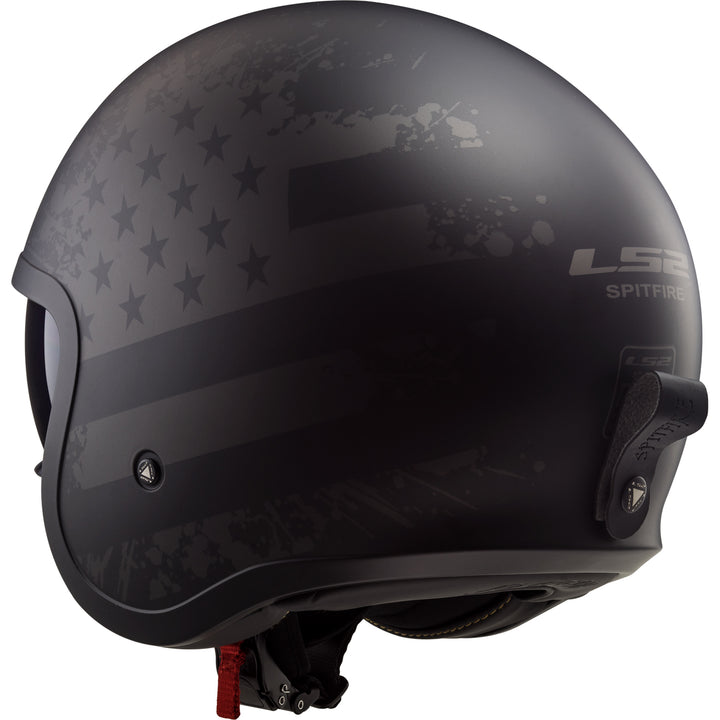 LS2 Helmets Spitfire Black Flag Motorcycle Open Face & 3/4 Helmet Matte Black - Rear Left Side View