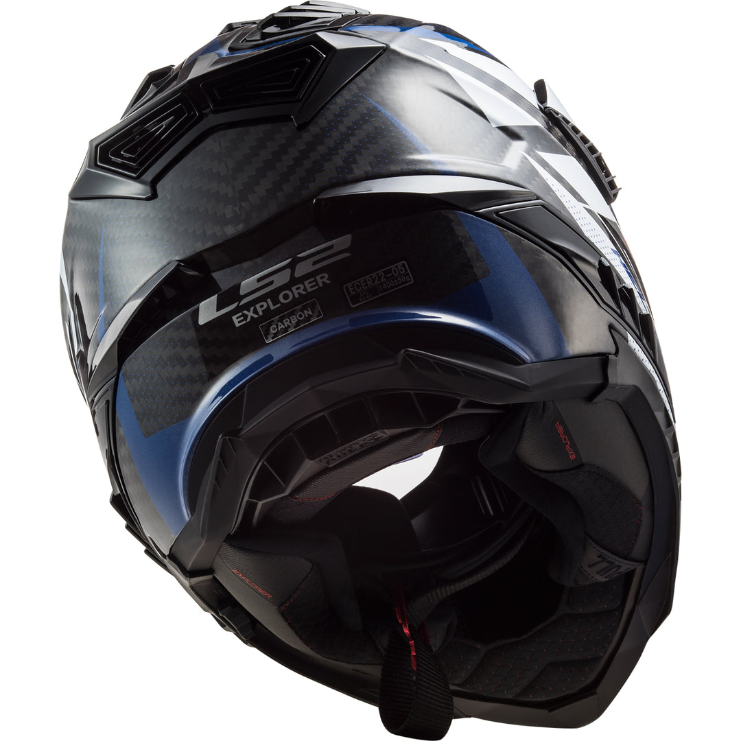 LS2 Helmets Explorer C Focus Motorcycle Dual Sport Helmet Blue/White/Red - Angled Rear View