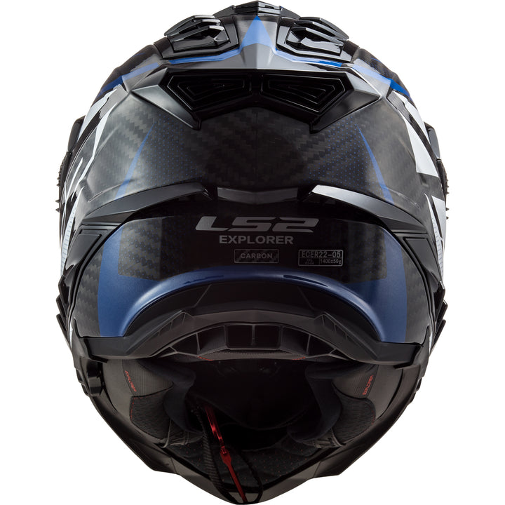 LS2 Helmets Explorer C Focus Motorcycle Dual Sport Helmet Blue/White/Red - Rear View