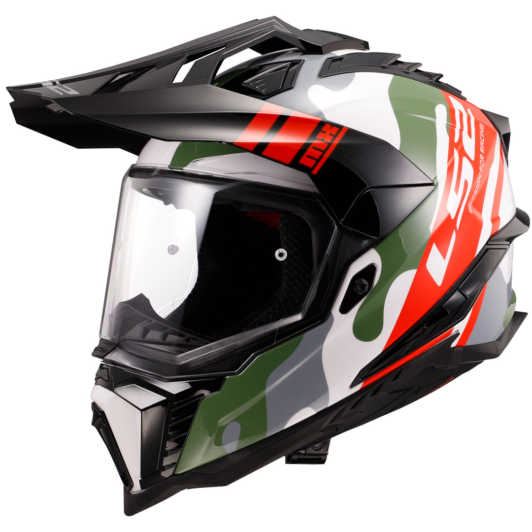 LS2 Helmets Explorer XT CamoX Motorcycle Dual Sport Helmet White/Red - Front Left Side View
