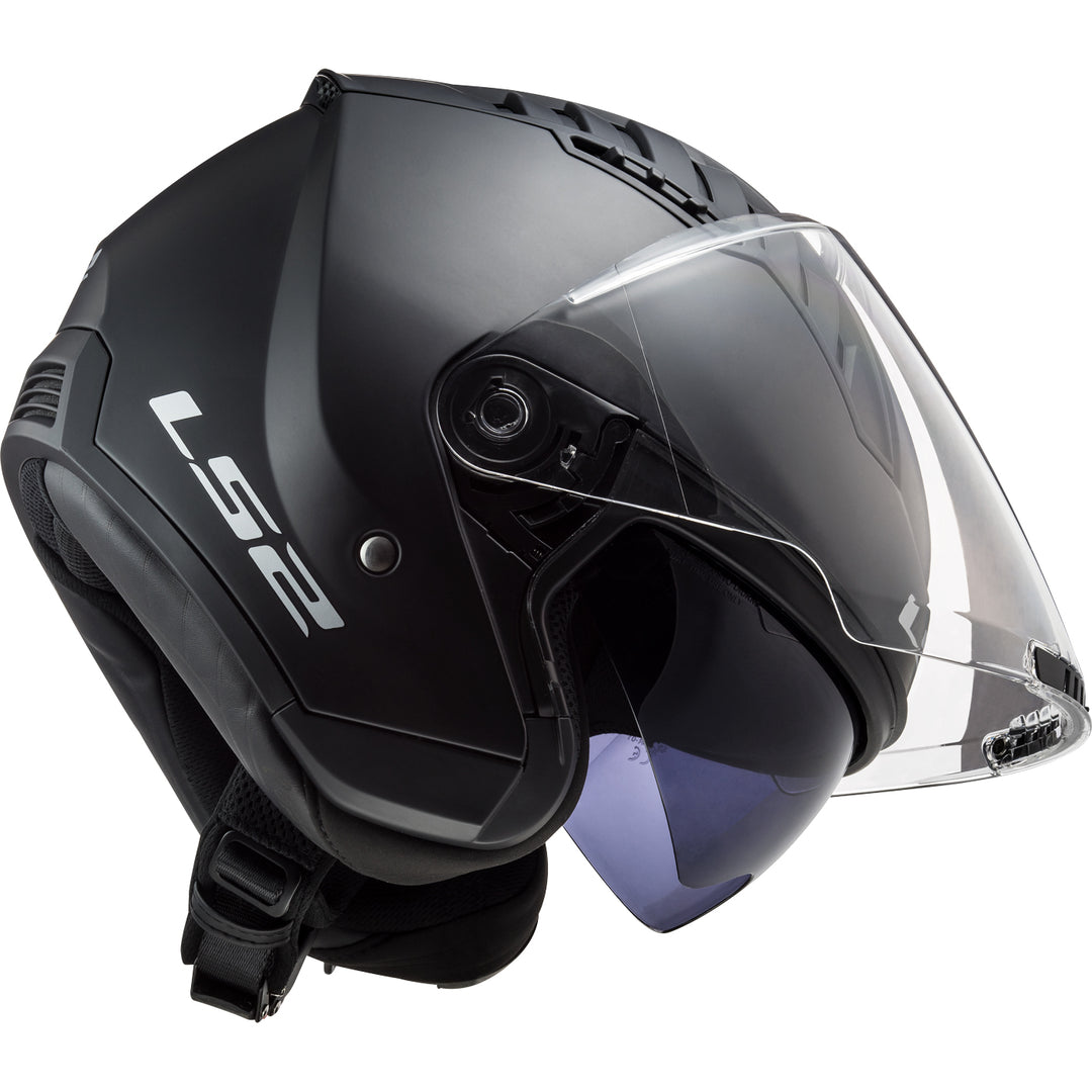 LS2 Helmets Copter Solid Motorcycle Open Face & 3/4 Helmet Matte Black - Angled Right Side View with Faceshield Raised