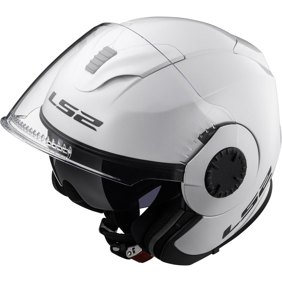 LS2 Helmets Verso Solid Motorcycle Open Face & 3/4 Helmet Gloss White - Front Left Side View with Faceshield Raised