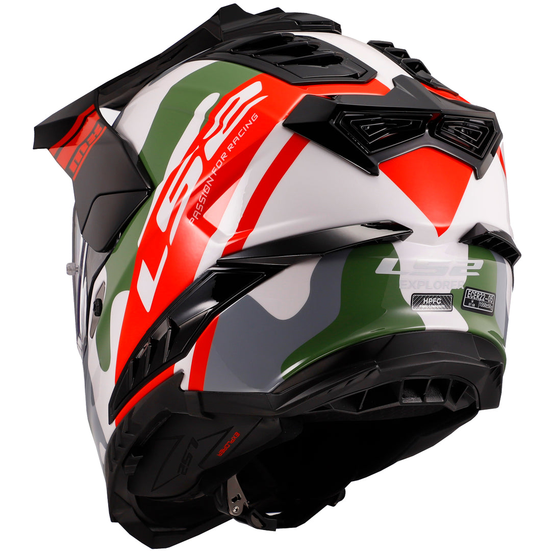 LS2 Helmets Explorer XT CamoX Motorcycle Dual Sport Helmet White/Red - Rear Left Side View