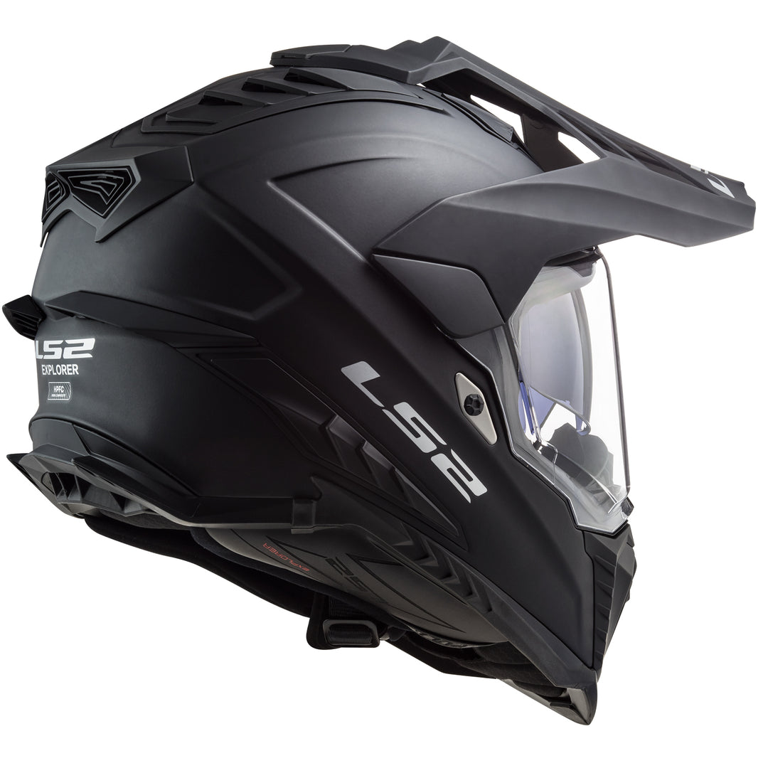 LS2 Helmets Explorer XT Solid Motorcycle Dual Sport Helmet Matte Black - Rear Right Side View