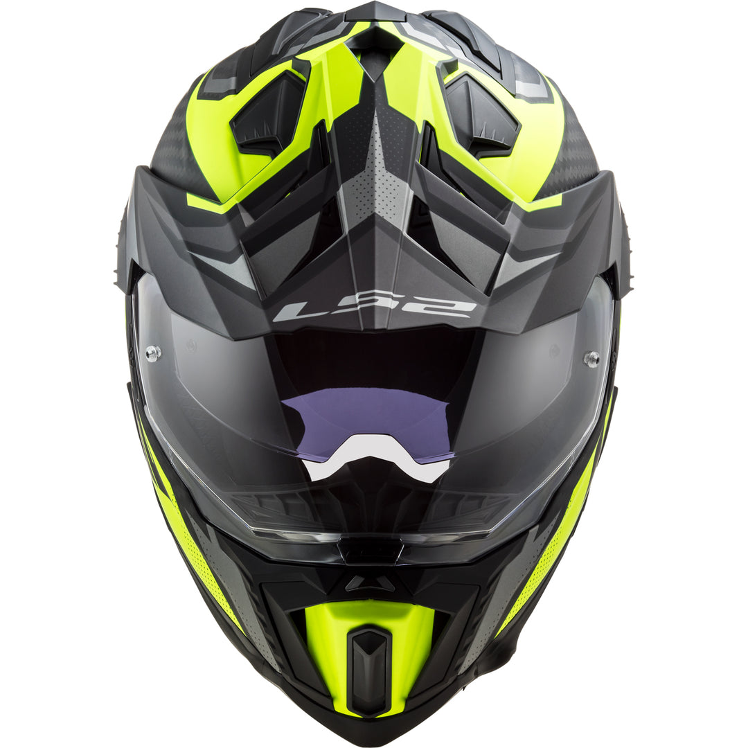 LS2 Helmets Explorer C Focus Motorcycle Dual Sport Helmet Matte Titanium/Hi-Viz Yellow - Front View