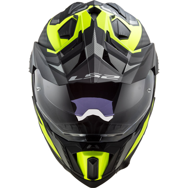 LS2 Helmets Explorer C Focus Motorcycle Dual Sport Helmet Matte Titanium/Hi-Viz Yellow - Front View