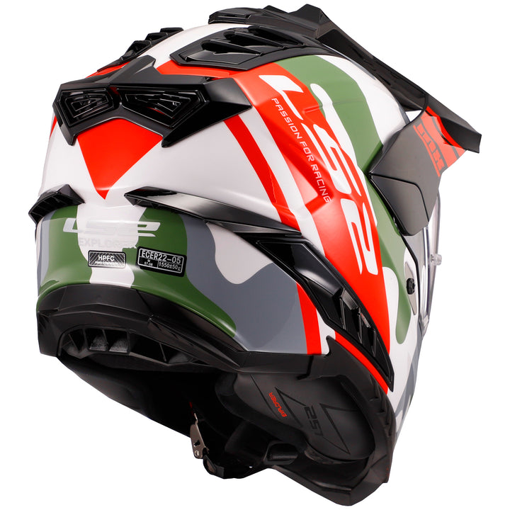 LS2 Helmets Explorer XT CamoX Motorcycle Dual Sport Helmet White/Red - Rear Right Side View