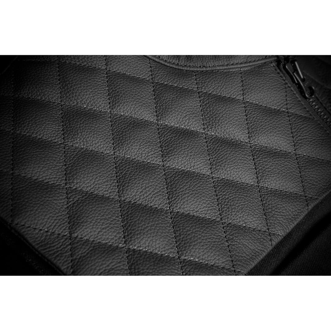 ICON Chamonix Denim Vest Black - Close-Up of Quilted Pattern on Chest-Shoulder Panel