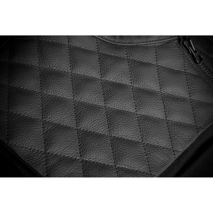 ICON Chamonix Denim Vest Black - Close-Up of Quilted Pattern on Chest-Shoulder Panel