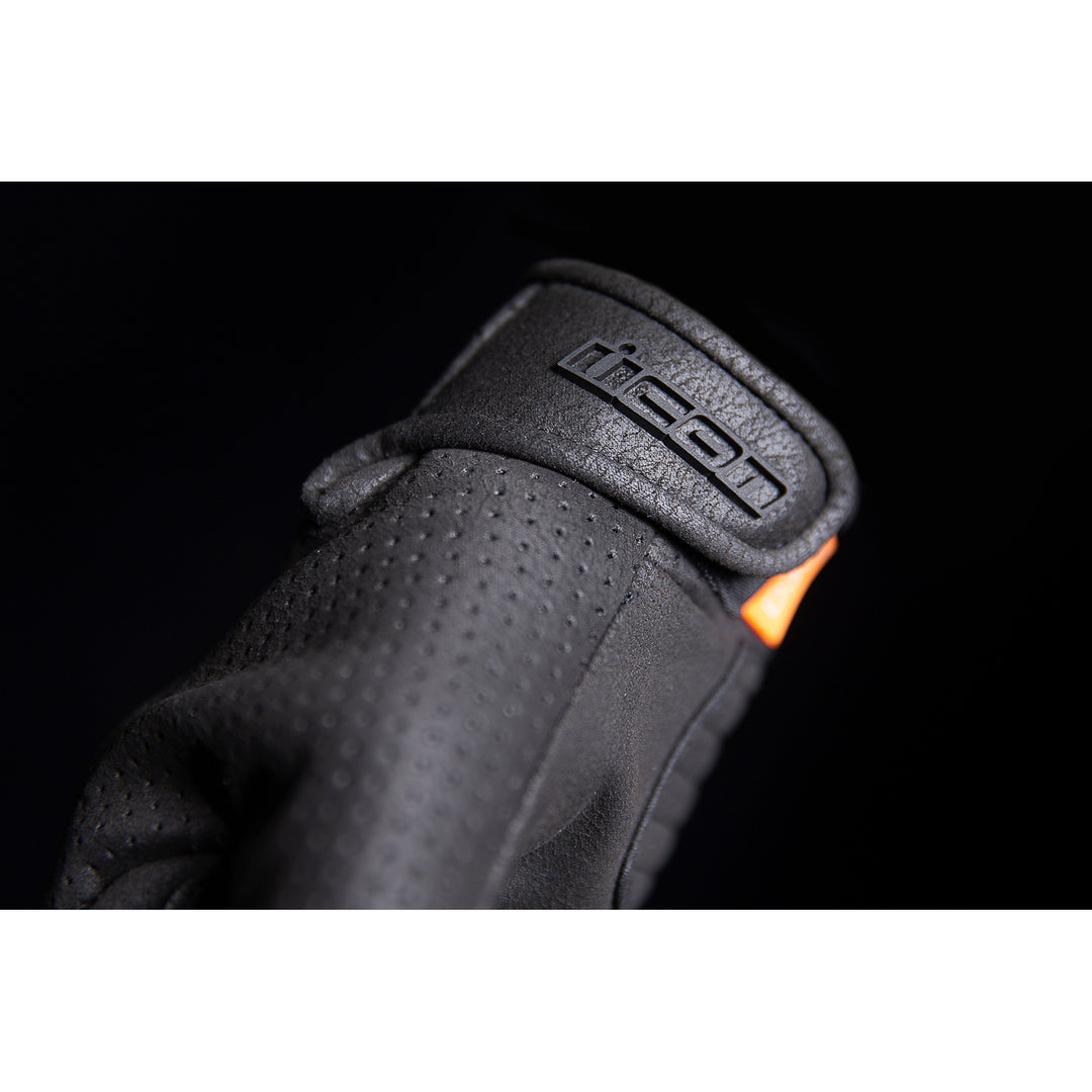 ICON Airform™ CE Gloves Black - Close-Up of Logo on Wrist Strap