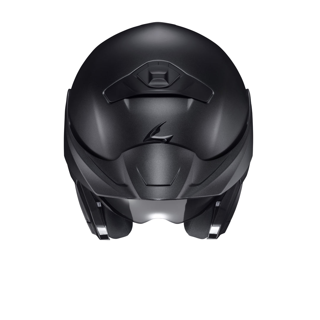 SCORPION EXO EXO-GT930 Transformer Helmet Matte Black - Front Top View with Chin Bar and Faceshield Removed and Off Road Visor Installed