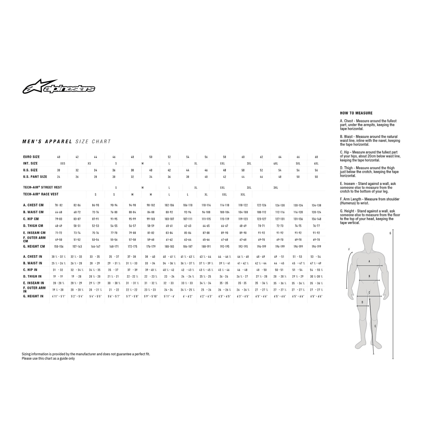 Alpinestars T SP X Superair Jacket - Size Chart