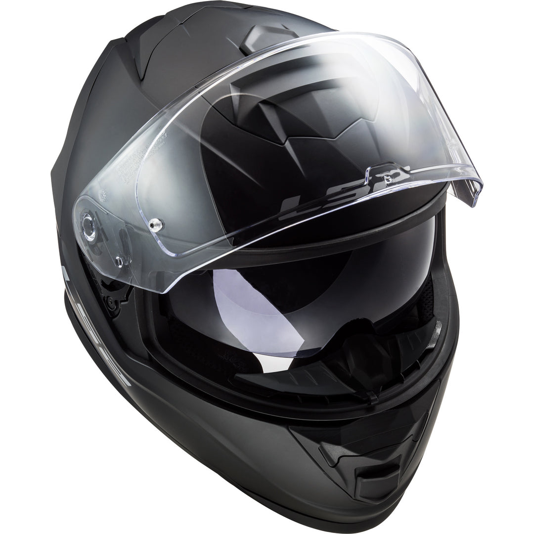 LS2 Helmets Assault Solid Motorcycle Full Face Helmet Matte Black - Front Side View with Faceshield Raised